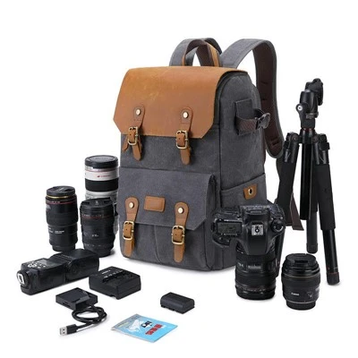 Camera Cynfas Cwyr Cwyr Gwrth-ddŵr Llwyd A Backpack Lens